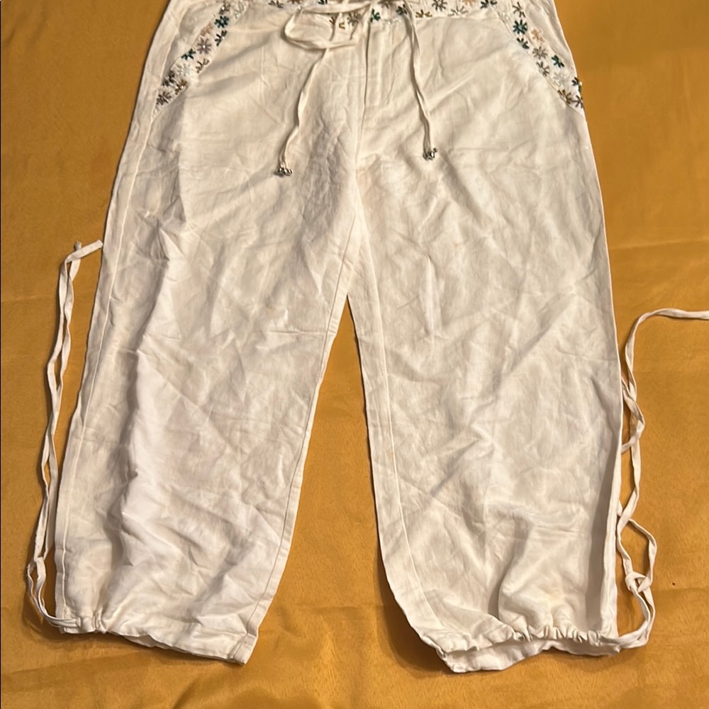 Embroidered Cream Drawstring Pants